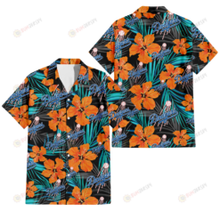 Los Angeles Dodgers Orange Hibiscus Blue Gray Leaf Black Background 3D Hawaiian Shirt