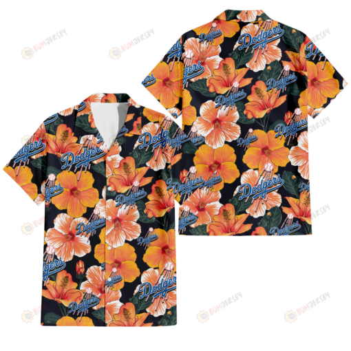 Los Angeles Dodgers Orange Hibiscus Dark Green Leaf Black Background 3D Hawaiian Shirt