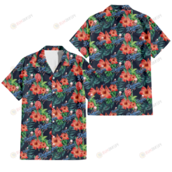 Los Angeles Dodgers Orange Hibiscus Green Tropical Leaf Dark Background 3D Hawaiian Shirt