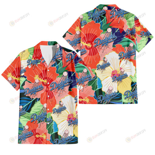 Los Angeles Dodgers Orange White Tropical Hibiscus Green Leaf 3D Hawaiian Shirt