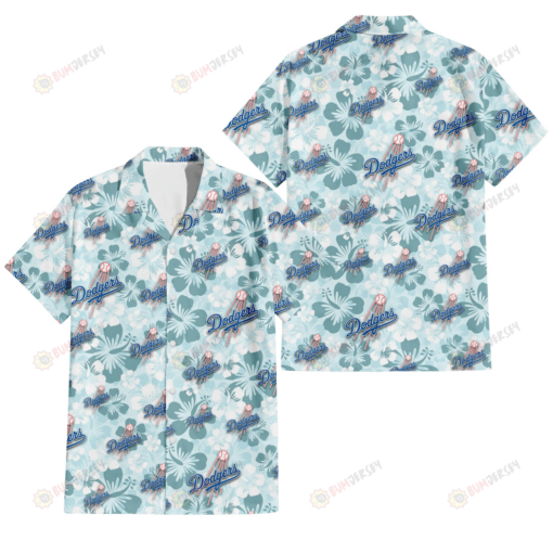 Los Angeles Dodgers Pale Turquoise Hibiscus Light Cyan Background 3D Hawaiian Shirt