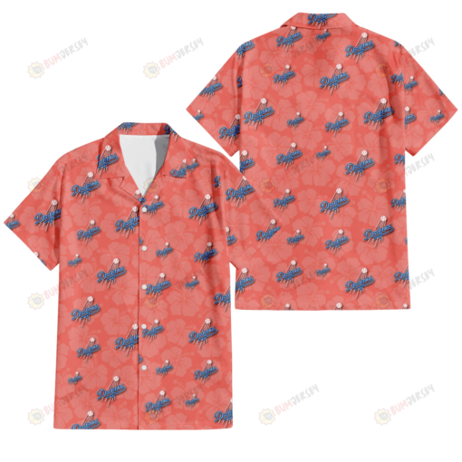 Los Angeles Dodgers Peach Puff Hibiscus Tomato Orange Background 3D Hawaiian Shirt