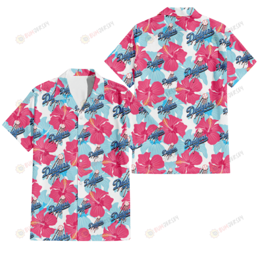 Los Angeles Dodgers Pink Blue Hibiscus White Background 3D Hawaiian Shirt