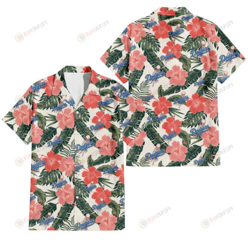 Los Angeles Dodgers Pink Coral Hibiscus Banana Leaf Beige Background 3D Hawaiian Shirt