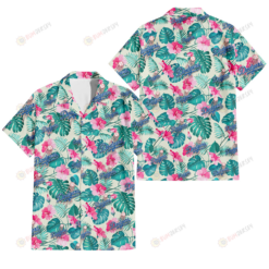 Los Angeles Dodgers Pink Hibiscus Green Leaf Beige Background 3D Hawaiian Shirt