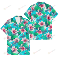 Los Angeles Dodgers Pink Hibiscus Green Leaf Blue Background 3D Hawaiian Shirt