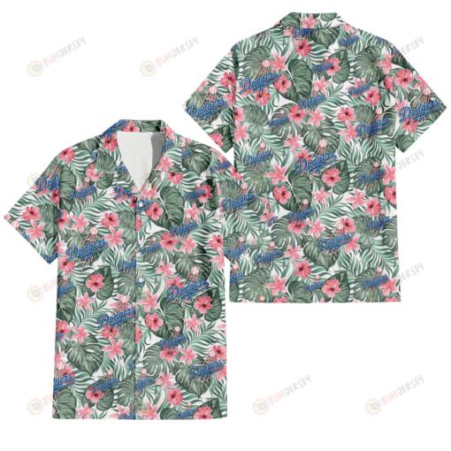 Los Angeles Dodgers Pink Hibiscus Porcelain Flower Tropical Leaf White Background 3D Hawaiian Shirt