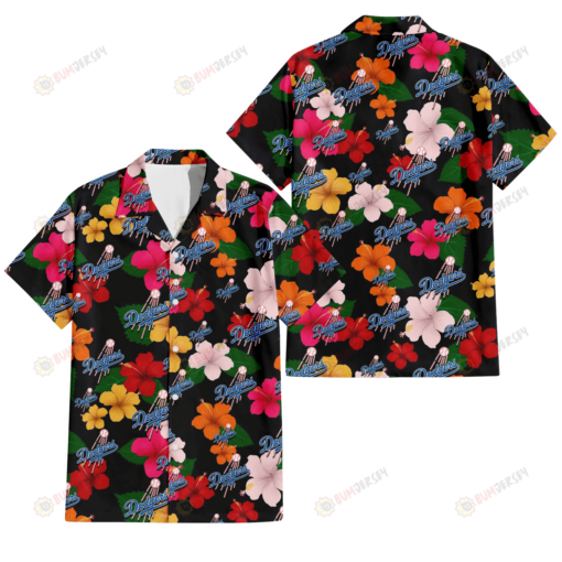 Los Angeles Dodgers Pink Orange Yellow White Hibiscus Black Background 3D Hawaiian Shirt