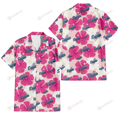 Los Angeles Dodgers Pink White Hibiscus Misty Rose Background 3D Hawaiian Shirt