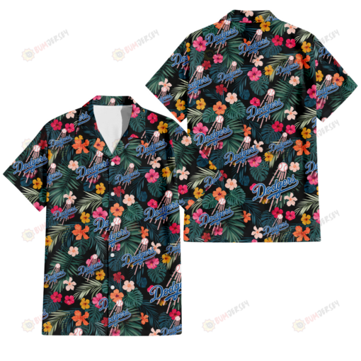 Los Angeles Dodgers Pink Yellow Orange Hibiscus Big Tropical Leaf Black Background 3D Hawaiian Shirt