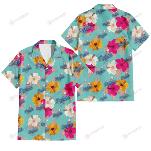 Los Angeles Dodgers Pink Yellow White Hibiscus Turquoise Background 3D Hawaiian Shirt