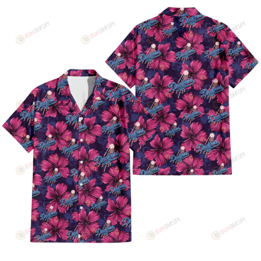 Los Angeles Dodgers Plum Vilolet Hibiscus Dark Navy Leaf Black 3D Hawaiian Shirt