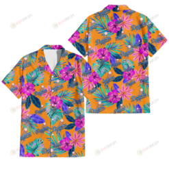 Los Angeles Dodgers Purple Hibiscus Neon Leaf Orange Background 3D Hawaiian Shirt