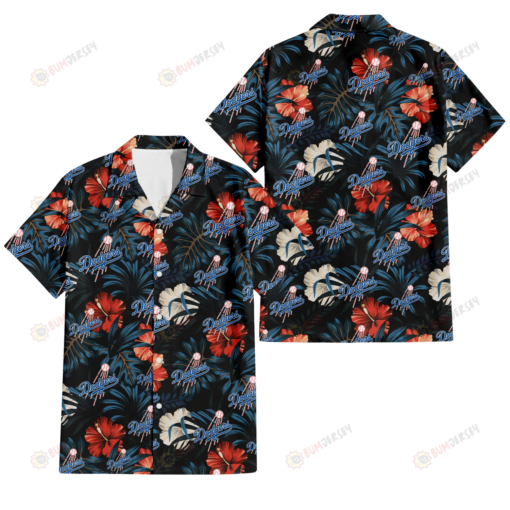Los Angeles Dodgers Red And White Hibiscus Dark Leaf Black Background 3D Hawaiian Shirt