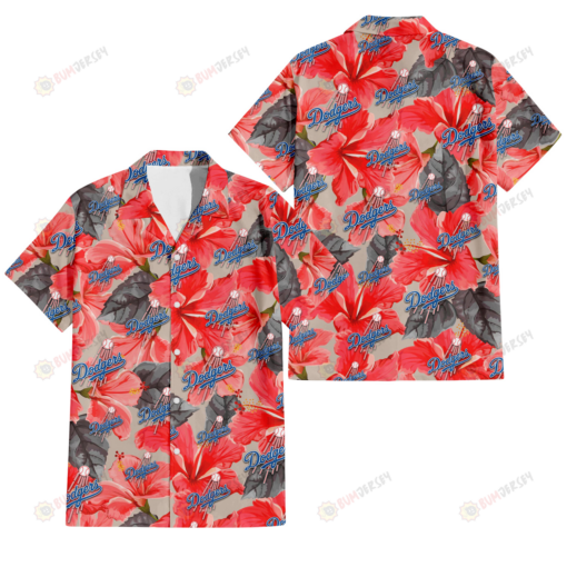 Los Angeles Dodgers Red Hibiscus Gray Leaf Beige Background 3D Hawaiian Shirt