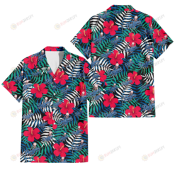 Los Angeles Dodgers Red Hibiscus Green Blue White Leaf Black Background 3D Hawaiian Shirt