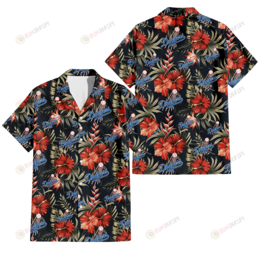 Los Angeles Dodgers Red Hibiscus Green Leaf Dark Background 3D Hawaiian Shirt