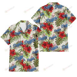 Los Angeles Dodgers Red Hibiscus Green Tropical Leaf Cream Background 3D Hawaiian Shirt