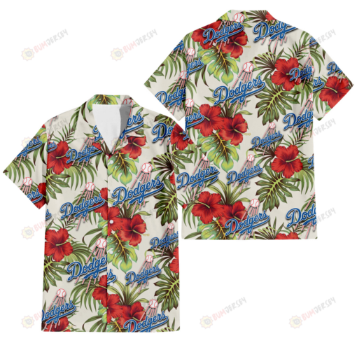 Los Angeles Dodgers Red Hibiscus Green Tropical Leaf Cream Background 3D Hawaiian Shirt