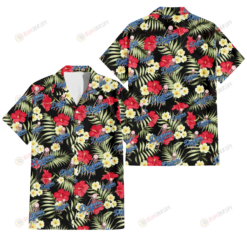 Los Angeles Dodgers Red Hibiscus Yellow Porcelain Flower Black Background 3D Hawaiian Shirt