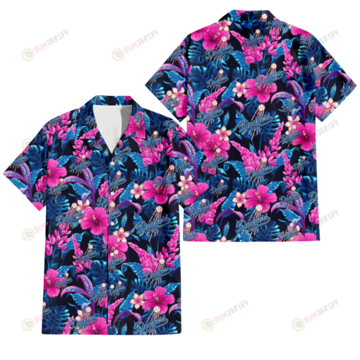 Los Angeles Dodgers Violet Red Hibiscus Blue Leaf Black Background 3D Hawaiian Shirt