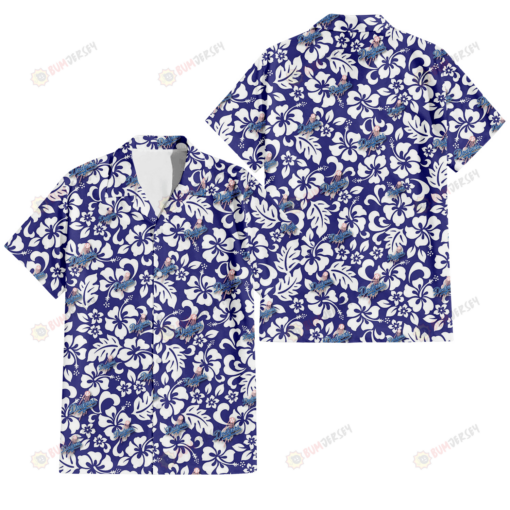 Los Angeles Dodgers White Hibiscus Pattern Slate Blue Background 3D Hawaiian Shirt