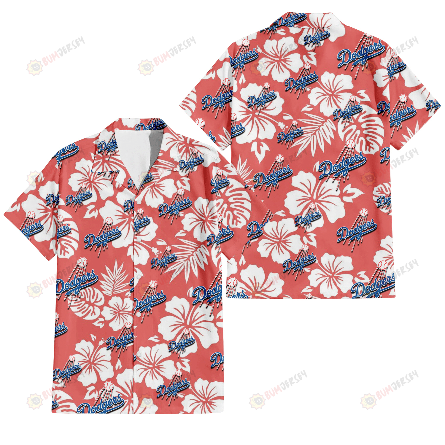 Los Angeles Dodgers White Hibiscus Salmon Background 3D Hawaiian Shirt