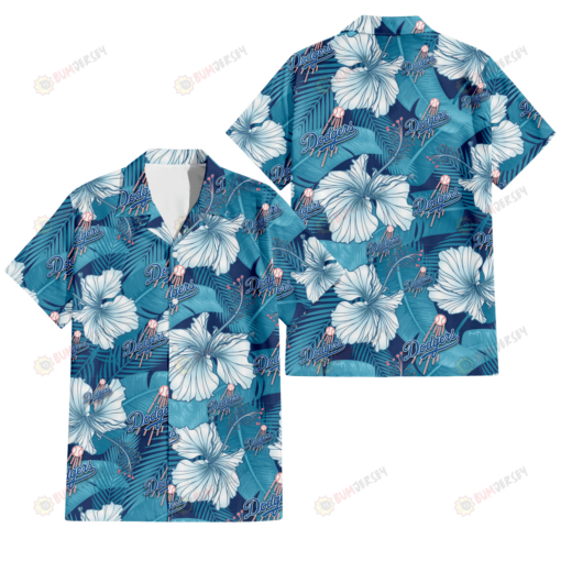 Los Angeles Dodgers White Hibiscus Turquoise Banana Leaf Navy Background 3D Hawaiian Shirt