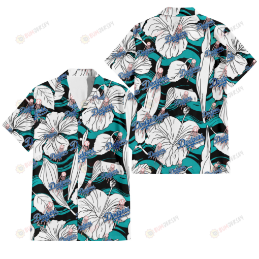 Los Angeles Dodgers White Hibiscus Turquoise Wave Black Background 3D Hawaiian Shirt