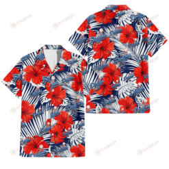 Los Angeles Dodgers White Tropical Leaf Red Hibiscus Navy Background 3D Hawaiian Shirt