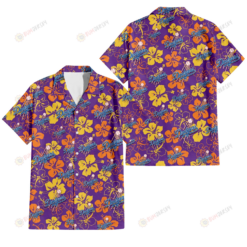 Los Angeles Dodgers Yellow And Orange Hibiscus Purple Background 3D Hawaiian Shirt