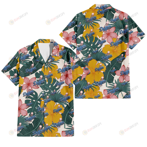 Los Angeles Dodgers Yellow Hibiscus Green Banana Leaf Pink Porcelain Flower 3D Hawaiian Shirt