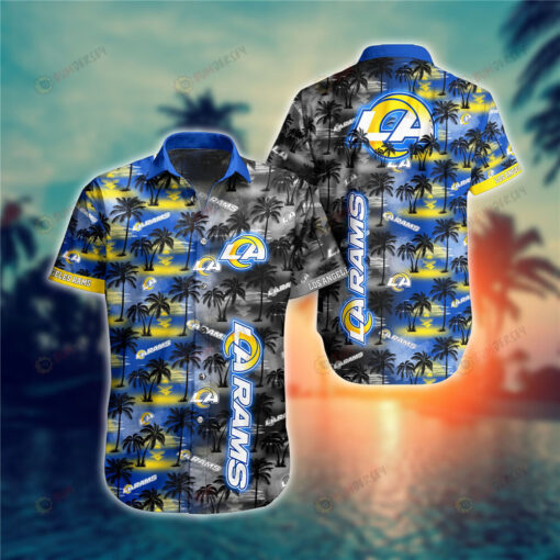 Los Angeles Rams Coconut Tree Pattern Curved Hawaiian Shirt In Blue & Black