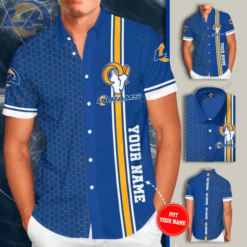 Los Angeles Rams Custom Name Curved Hawaiian Shirt In Blue