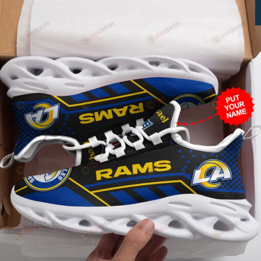 Los Angeles Rams Custom Name Logo Pattern 3D Max Soul Sneaker Shoes In Blue And Yellow