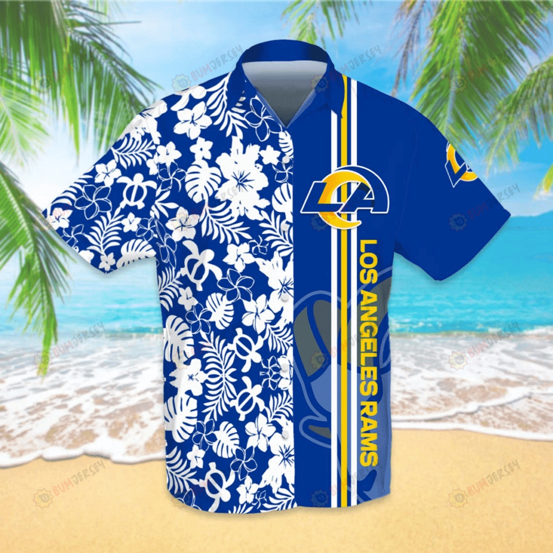 Los Angeles Rams Floral & Leaf Pattern Curved Hawaiian Shirt In Blue & White