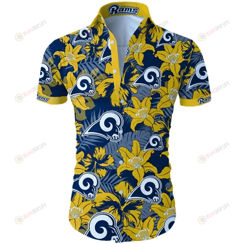 Los Angeles Rams Floral & Leaf Pattern Curved Hawaiian Shirt In Yellow & Blue