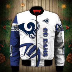 Los Angeles Rams Graphic Ball Pattern Bomber Jacket In Blue And White