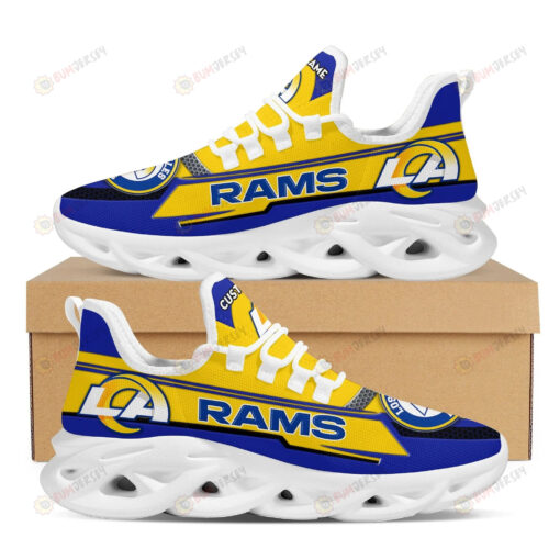 Los Angeles Rams Logo Stripe Pattern Custom Name 3D Max Soul Sneaker Shoes In Blue Yellow