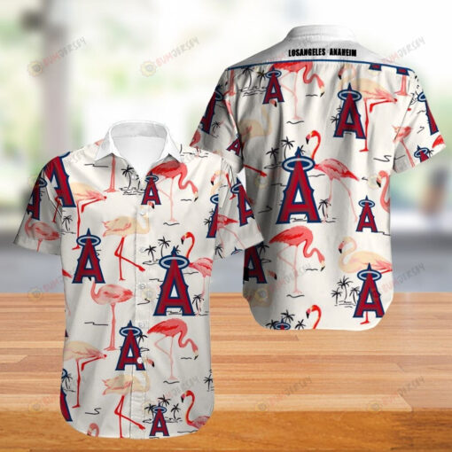 Los Angeles Storks & Tree Pattern Curved Hawaiian Shirt In White & Red