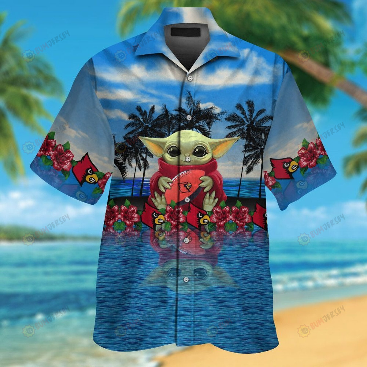 Louisville Cardinals And Baby Yoda Blue and Red Short Sleeve Button Up 3D Printed Hawaiian Shirt