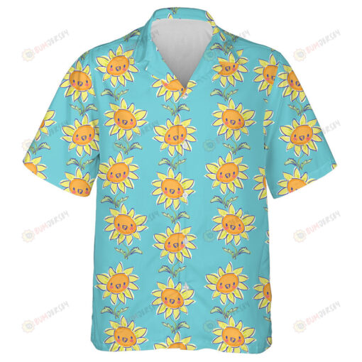 Lovely Smile Sunflower Plants On Blue Background Hawaiian Shirt