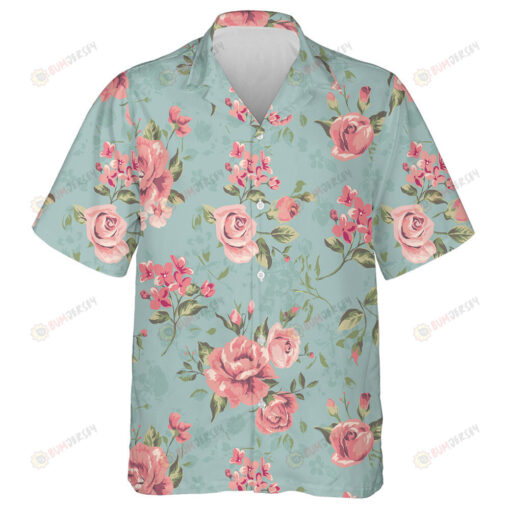 Lovely Vintage Pale Pink Roses On Light Green Background Design Hawaiian Shirt