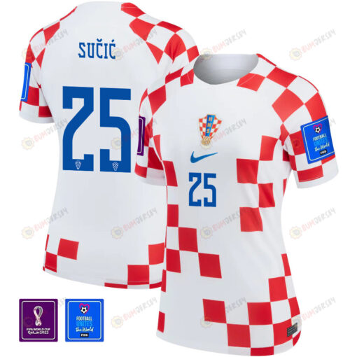 Luka Su?i? 25 Croatia National Team 2022-23 Qatar World Cup Patch Home Women Jersey