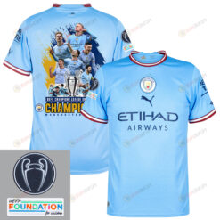 Manchester City Football Team 2022-23 Raising The Trophy Home Jersey- Blue