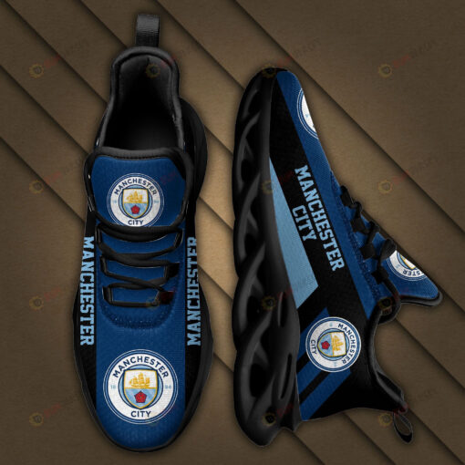 Manchester City Logo Black Stripe Pattern 3D Max Soul Sneaker Shoes In Navy Blue