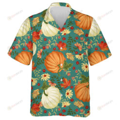 Maple Leaf Sunflowers Autumn Pumpkins With Teal Background Pattern Hawaiian Shirt