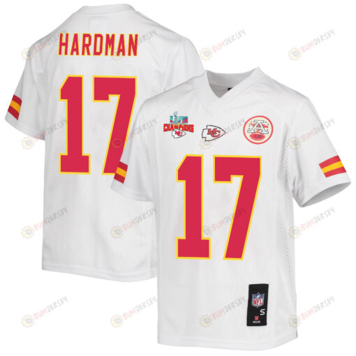 Mecole Hardman 17 Kansas City Chiefs Super Bowl LVII Champions 3 Stars Youth Jersey - White