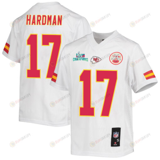 Mecole Hardman 17 Kansas City Chiefs Super Bowl LVII Champions Youth Jersey - White