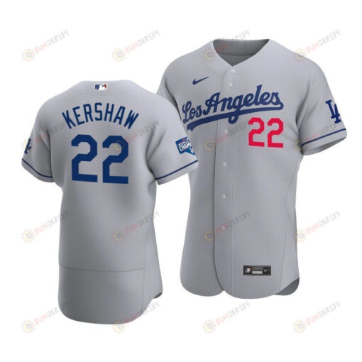 Men's Los Angeles Dodgers Clayton Kershaw 22 2020 World Series Champions Road Jersey Gray